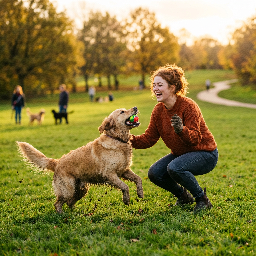Woman playing fetch with a golden retriever in a park
