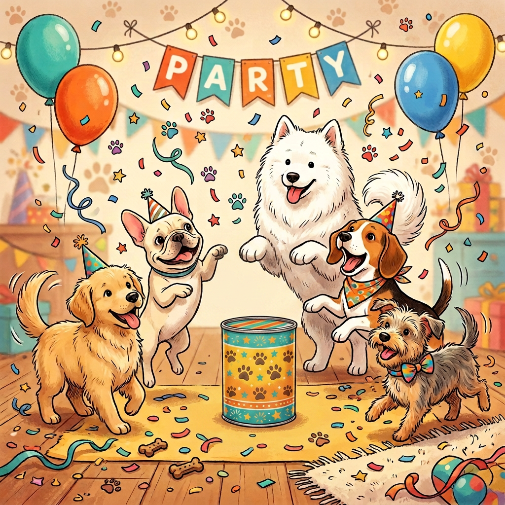 Five dogs celebrate around a decorated gift beneath a PARTY banner